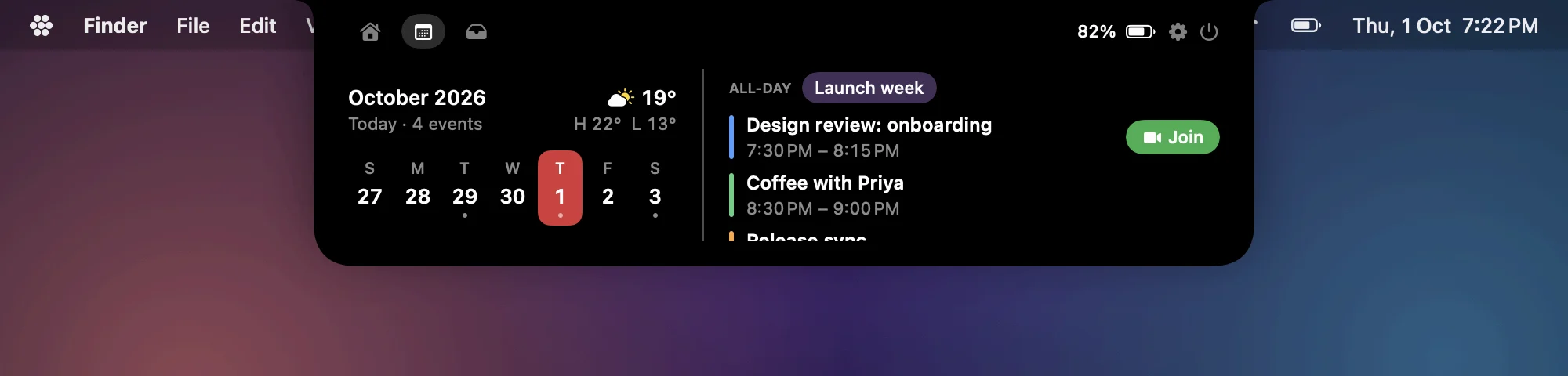 Calendar tab: a week strip, today's events with a Join button, and the weather