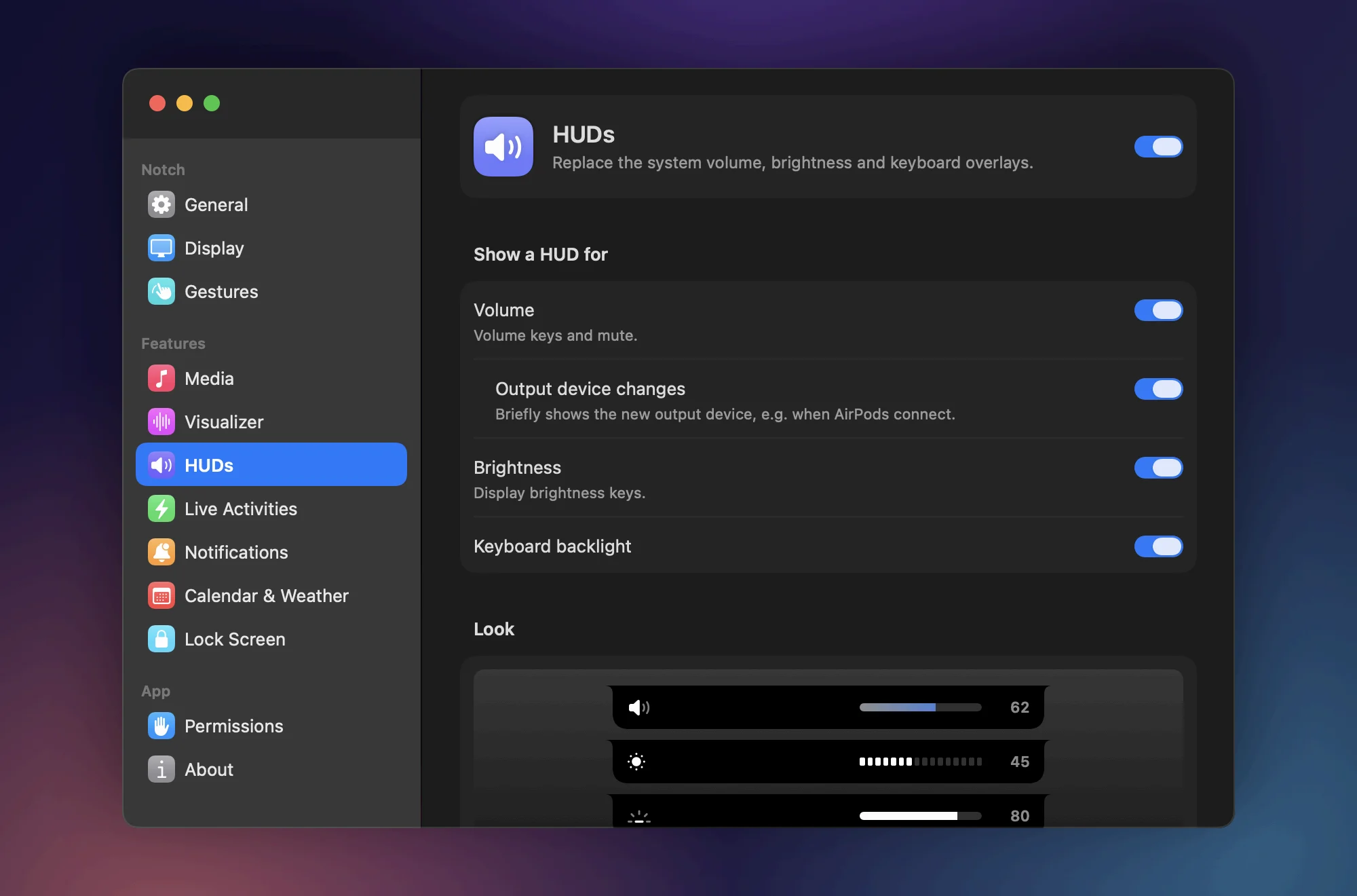 Perch Settings window on the HUDs pane, with toggles for volume, brightness and keyboard backlight